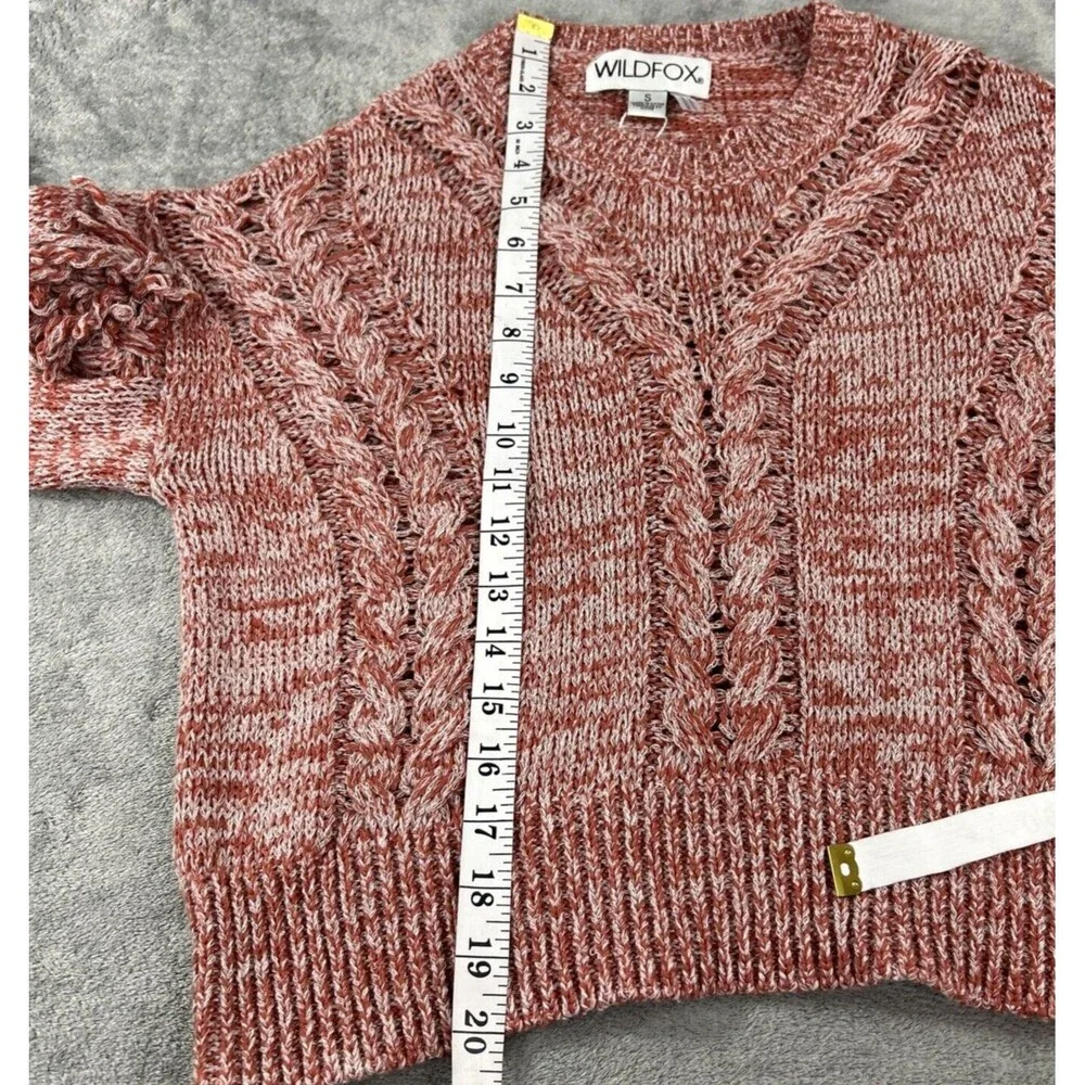Wildfox Small Warren Sweater Pink Red Pullover Cable Knit‎ Fringe Sleeve Sample